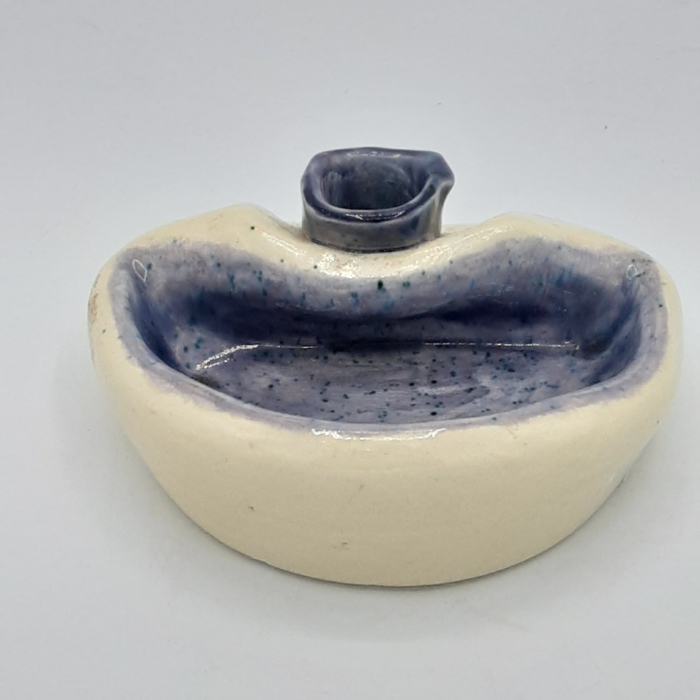 Artistic Blue & Cream Ceramic Stoneware Pinch Bowl Candle Holder Artist Signed